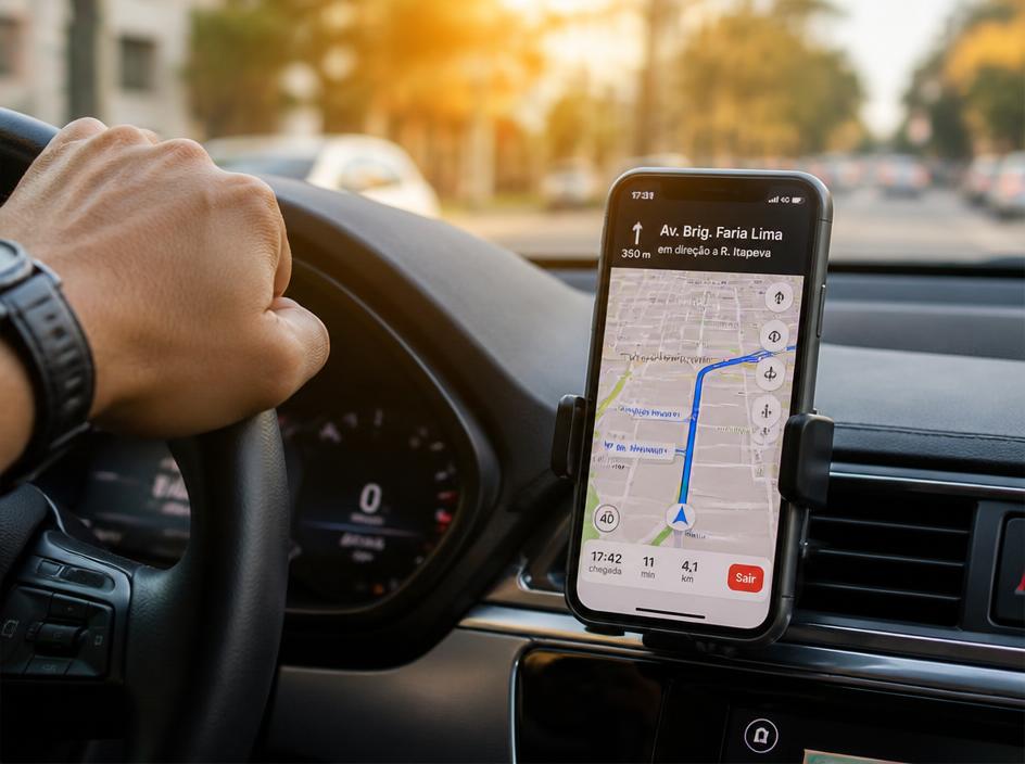 Celular no suporte do painel do carro exibindo o mapa de navegação