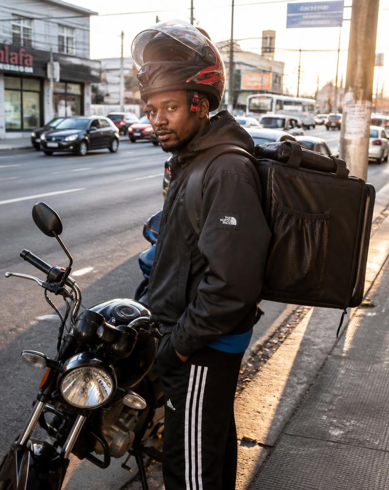 Entregador com bag térmica ao lado da moto na rua